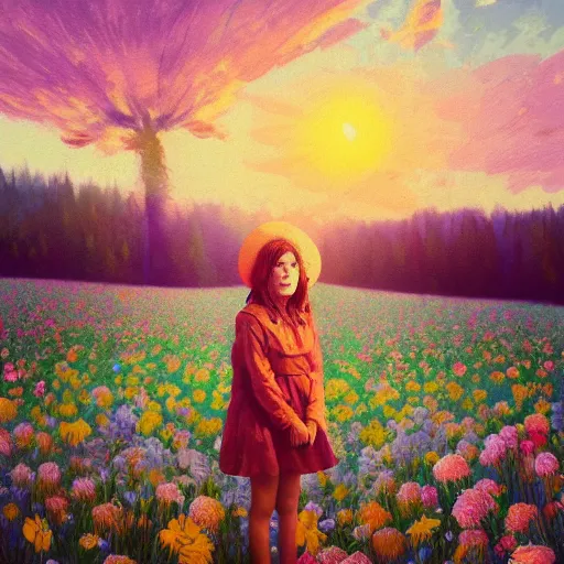 Image similar to girl with a enlarged flower instead of face, surreal photography, dream, standing in flower field, hills, big trees, sunrise dramatic light, impressionist painting, colorful clouds, digital painting, pointillism, artstation, simon stalenhag, flower face