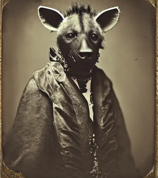 Prompt: professional studio photo portrait of anthro anthropomorphic spotted hyena head animal person fursona smug smiling wearing elaborate pompous royal king robes clothes degraded medium by Louis Daguerre daguerreotype tintype