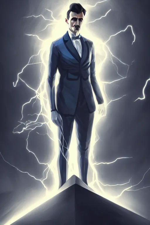 Image similar to nikola tesla, male, lightning, portrait, sharp focus, digital art, concept art, dynamic lighting, epic composition, subsurface scattering, trending on artstation, by emylie boivin 1. 0, rossdraws 2. 0