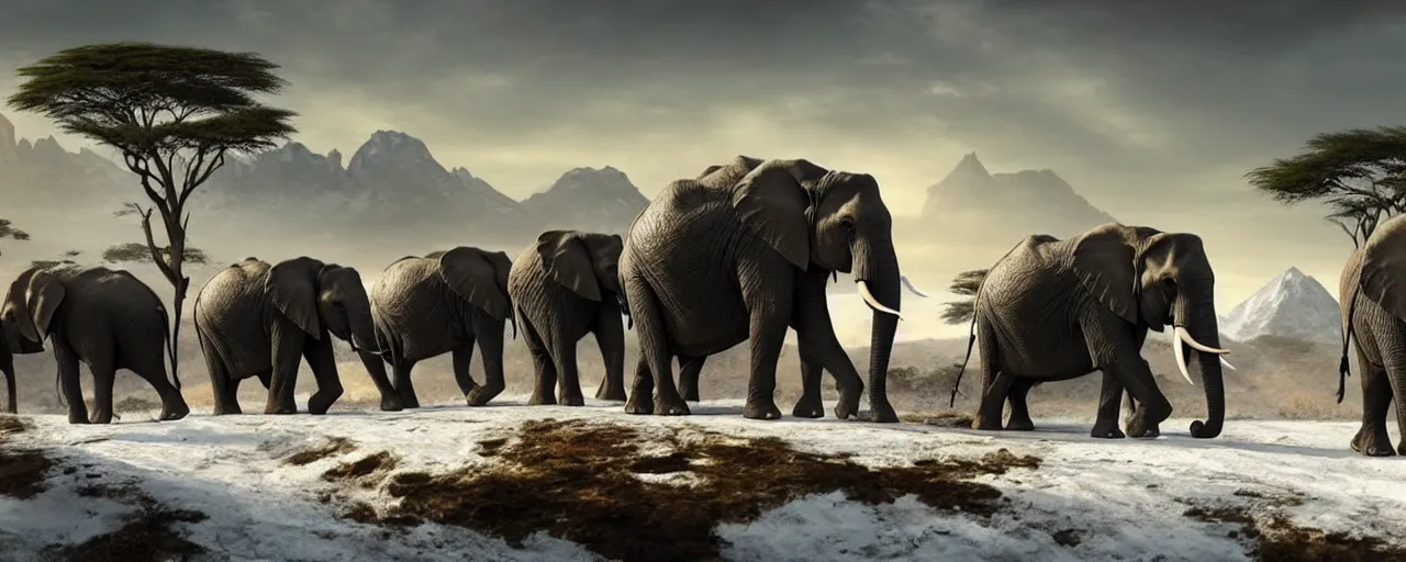 Prompt: African elephants marching in snow mountain landscape, beautiful dynamic lighting, cinematic, wide angle establishing shot, extremely high detail, photo realistic, cinematic lighting, post processed, concept art, artstation, matte painting, style by frederic church, raphael lacoste, unreal engine 8k