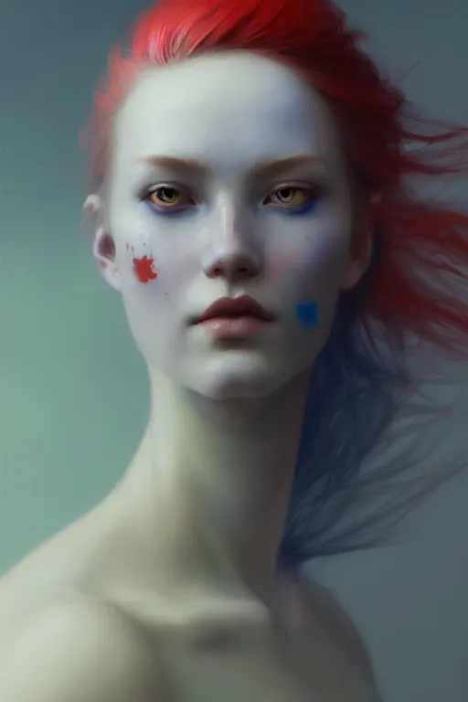 Prompt: portrait of a beautiful nordic woman, red eyes, blue haired, extremely detailed digital painting, in the style of fenghua zhong and ruan jia and jeremy lipking and peter mohrbacher, mystical colors, rim light, beautiful lighting, 8 k, stunning scene, raytracing, octane, trending on artstation