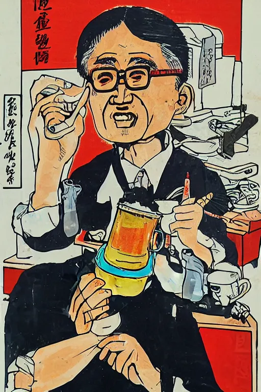 Image similar to worker revolution drinking beer and fried chicken through his head, wang guangyi and yu zhenli art style, higly detailed