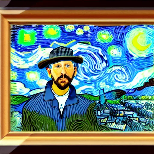 Image similar to van gogh painting of adam sandler, 4 k, hyper realistic, dslr, high resolution, landscape, beautiful