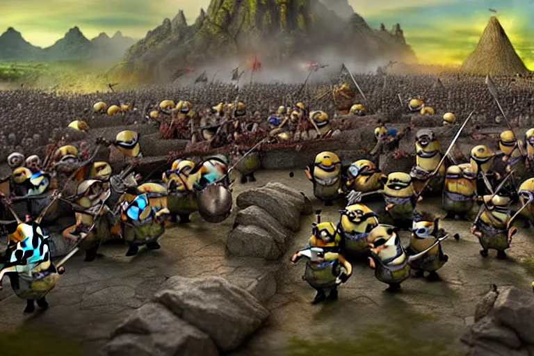 Image similar to diorama of minions fighting orcs in the battle of helm's deep, giant castle walls, realistic, 4 k, detailed