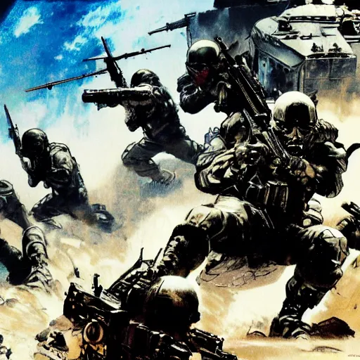 Prompt: a terrorist cell is closing in on the landing zone, only one badass can stop the villains, military, soldiers, digital painting, masterpiece, by frank frazetta, by frank miller, by yoji shinkawa, by grasshopper manufacture, by suda 5 1