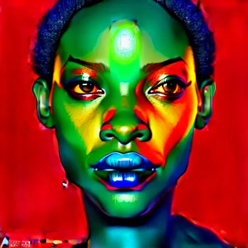 Image similar to centered chiaroscuro girlboss portrait of african goddess of nature, symmetrical face, iridescent feathers 3 d subsurface scattering, character concept art in hues of blue - green and red - orange, by artgerm