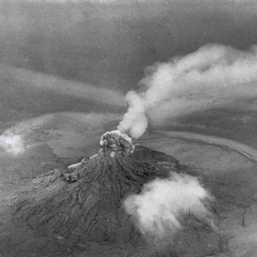 Prompt: photo of hundreds of zeppelins clustered around an active volcano on an island