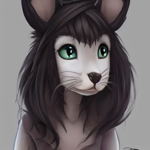 Image similar to headshot of young female furry, D&D, cute, fantasy, intricate, long hair, dark grey skin, mouse face, mouse nose, dark skin, mouse head, mouse ears, black hair, elegant, highly detailed, cartoony, artstation, concept art, smooth, sharp focus, illustration, art by Diives