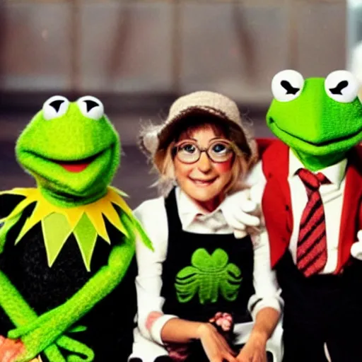 Prompt: celebrating kermit the frogs funeral, full muppet cast in attendance