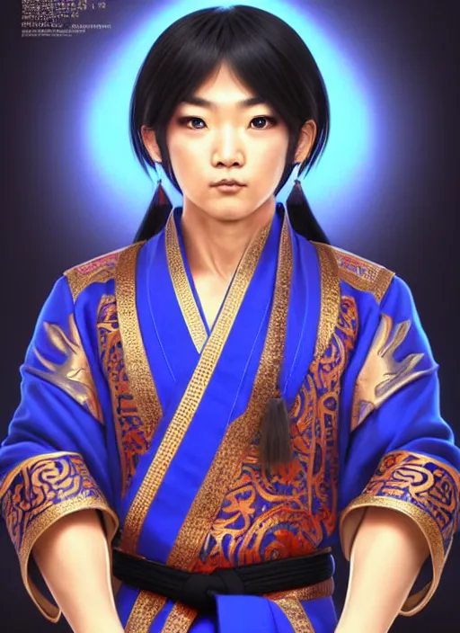 Prompt: male martial artist!! manchu queue pigtail hairstyle!!!! asian facial features and blue eyes!! intricate ornate blue robes!! character concept art, sharp focus, octane render! unreal engine 5! highly rendered!! trending on artstation!! detailed linework!! illustration by artgerm, wlop, and chie yoshii