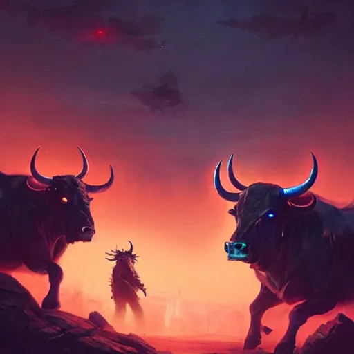 Image similar to ghostly demonic bulls charging across the night sky while a cowboy is watching from below epic concept art, epic painting, artstation, realistic, by greg rutkowski