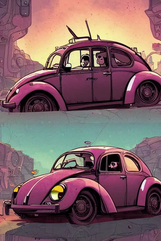 Prompt: Type 1 Beetle car designed by Aplle that looks like it is from Borderlands and by Feng Zhu and Loish and Laurie Greasley, Victo Ngai, Andreas Rocha, John Harris