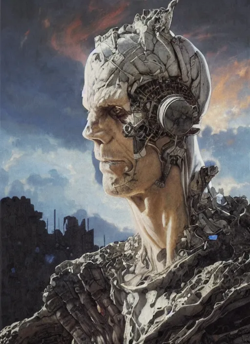 Prompt: portrait of a diabolical marble stone cyborg, wearing burning torn white cape, dynamic pose, glowing eyes, post apocalyptic ancient ruins, glowing veins subsurface scattering, in clouds, sunset, portrait, by gerald brom, by mikhail vrubel, by peter elson, muted colors, extreme detail, reflections, trending on artstation, 8 k