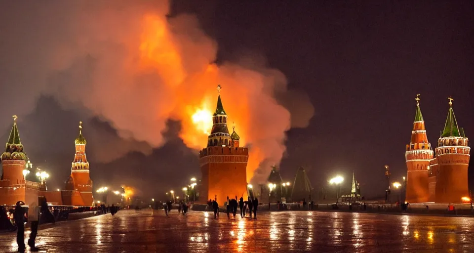 Image similar to Moscow Kremlin is on fire, dark atmosphere, lots of fire, clubs of smoke. Photography.