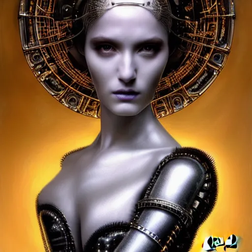 Image similar to portrait of the beautiful young robotic goddess of metal, surreal, fantasy, intricate, mechanical, elegant, dramatic lighting, emotionally evoking symbolic metaphor, highly detailed, gears, lifelike, photorealistic, digital painting, painterly, artstation, concept art, smooth, head in focus, sharp focus, illustration, art by John Collier and Krenz Cushart and Artem Demura and Alphonse Mucha and Albert Aublet,