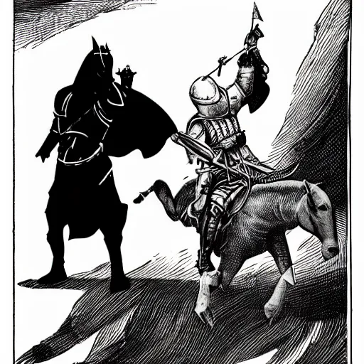 Prompt: A knight using a tapir as a steed, the tapir has a long snout. Dark Fantasy, Film Noir, Black and White. High Contrast, Mike Mignola, D&D, OSR