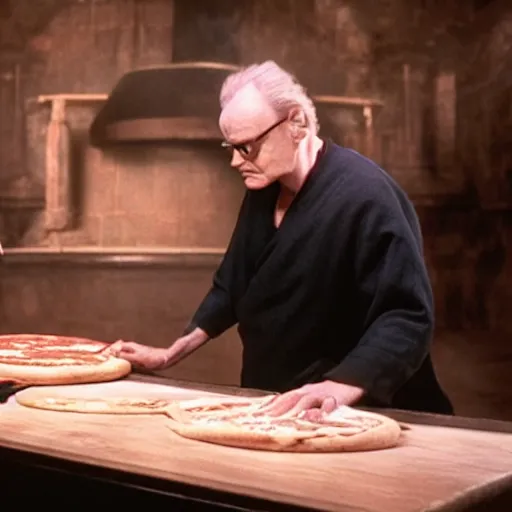 Image similar to A still of Ian McDiarmid as Emperor Palptine making a pizza, 4k, photograph, ultra realistic, highly detailed, professional lighting