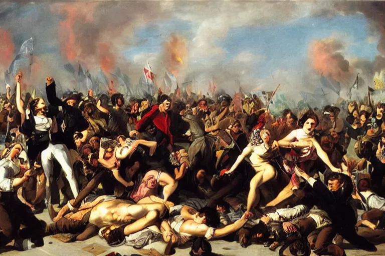 Image similar to protesters riot against war, in style of Karl Bryullov,