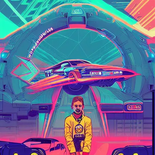 Image similar to a portrait of a Rayan Gosling with thunders in the sky in a future cybernetic city, outrun style and colours, trending on arstation, by dan mumford, by ross tran