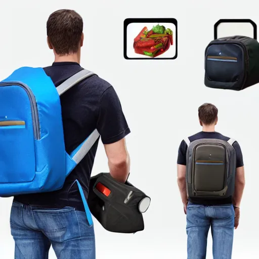 Prompt: man wearing a refridgerator back pack, product rendering, realistic,