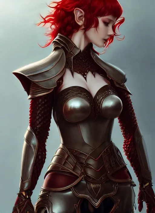 Image similar to leather armor!!! beautiful and elegant curly red hair female elf!! gorgeous ayes!! character concept art, sharp focus, octane render! unreal engine 5! highly rendered!! trending on artstation!! detailed linework!! illustration by artgerm, wlop, and chie yoshii