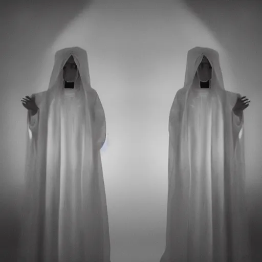 Image similar to nightmare vision, black and white, award winning photo, levitating twin nuns, wearing translucent sheet, Mary in a sanctuary, mirror hallways, eerie, frightening, holding hands, smiling —width 1024 —height 1024