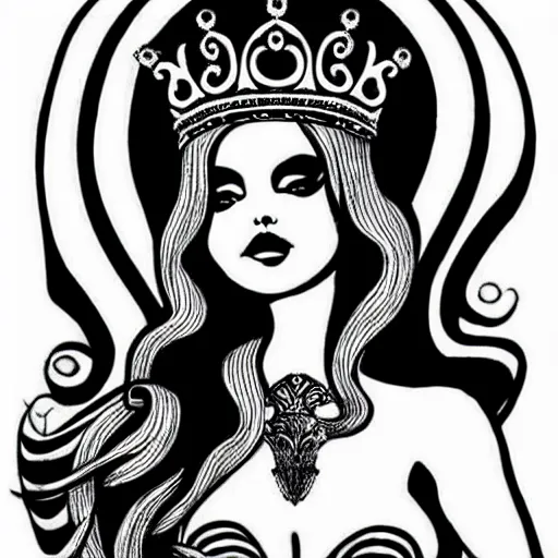 Image similar to new school black and white tattoo design of a female siren wearing a crown, full body, highly detailed