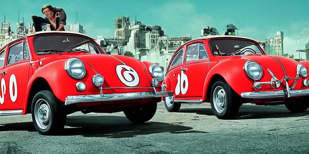 Image similar to promotion movie still of the car in'herbie'film ( 1 9 6 8 ). cinematic, 4 k, imax, 7 0 mm