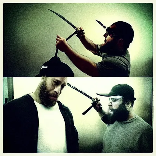 Image similar to “ seth rogen sword fighting with joe rogan ”