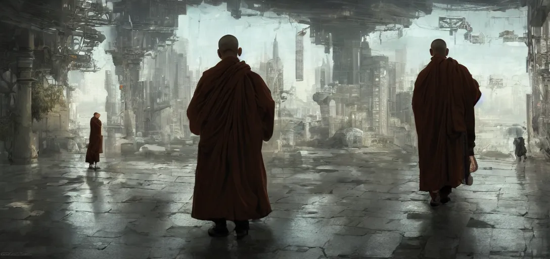 Image similar to monk meditation in a cyberpunk world with people walking around wearing vr headset by eugene von guerard, ivan shishkin, concept art, trending on artstation