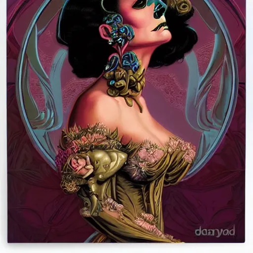 Image similar to a beautiful fancy skull lady by dan mumford and gil elvgren