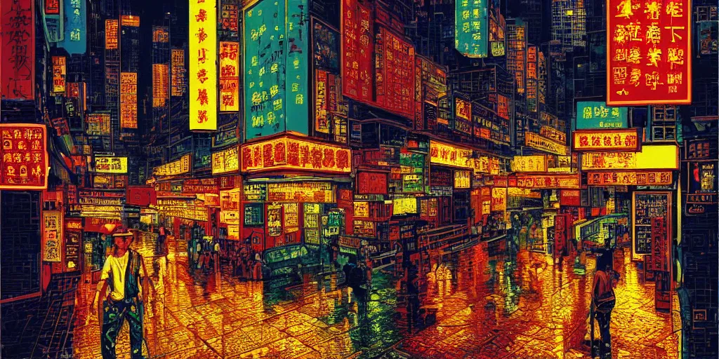 Prompt: artwork of a hong kong street, by dan mumford and wong kar - wai and peter doig, highly detailed, dramatic lighting, 8 k