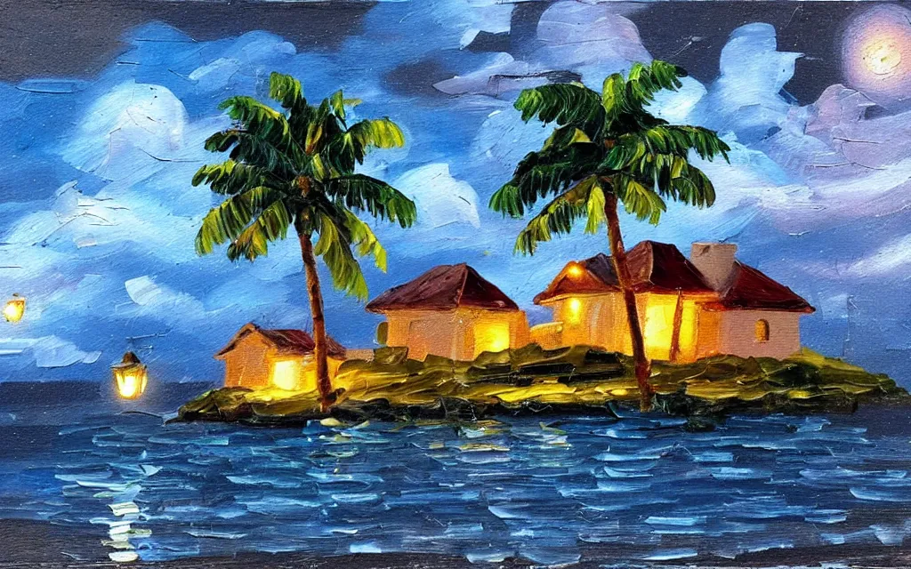 Prompt: a very very small island! cute cozy large cottage!! and lanterns!!!, palm trees, dark very late evening cloudy, dramatic and dynamic lighting, thick brush strokes oil impasto painting
