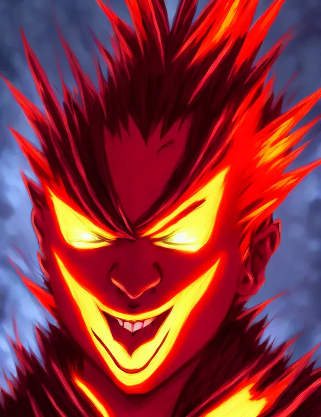 Prompt: a detailed manga portrait of a menacing tall boy with spiked crimson hair and an evil grin in fiery crimson crystalline armour, trending on artstation, digital art, 4 k resolution, detailed, high quality, sharp focus, hq artwork, coherent, insane detail, character portrait