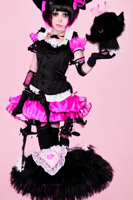 Image similar to Catgirl with black fur, pink hair, and pink eyes in Gothic Lolita maid costume wearing small top hat