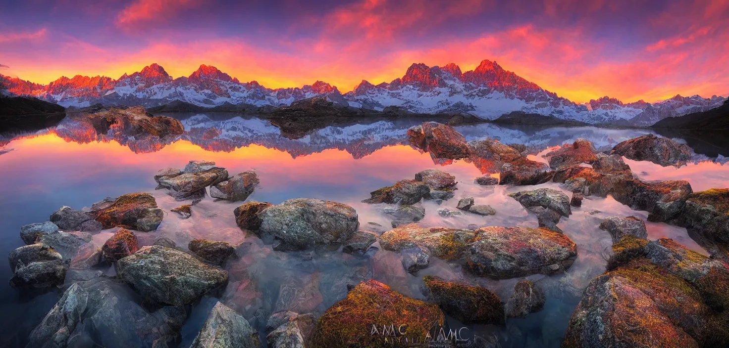 Image similar to amazing landscape photo of mountains with lake in sunset by marc adamus, beautiful dramatic lighting