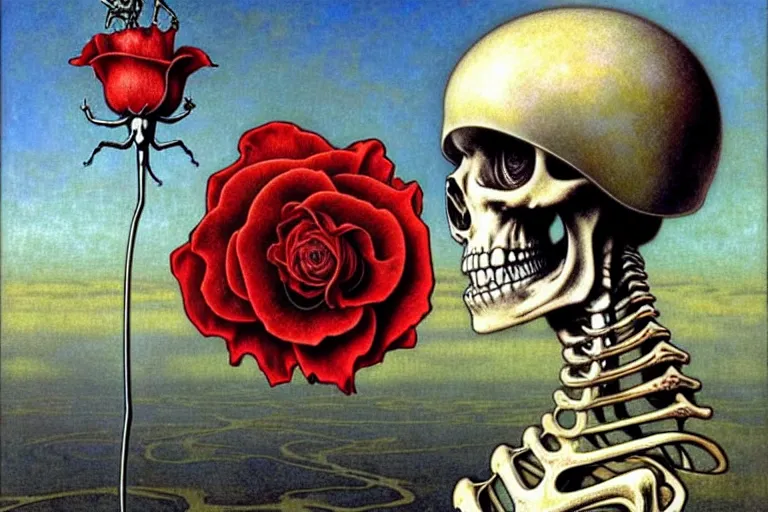 Image similar to realistic detailed portrait painting of a skeleton with a single rose wearing sci-fi helmet in a dystopian landscape by Jean Delville, Amano, Yves Tanguy, Alphonse Mucha, Ernst Haeckel, Edward Robert Hughes, Roger Dean, rich moody colours, blue eyes