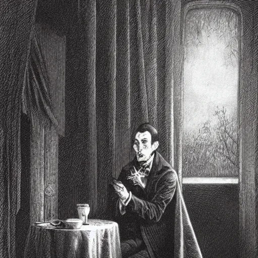 Image similar to dracula drinking coffee, creepy atmosphere, dark, portrait, realistic, very realistic, illustration by Gustave Doré