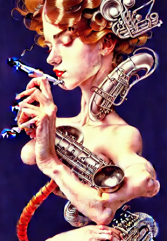 Image similar to ' mousey woman studying jazz music ', beautiful shadowing, 3 d shadowing, reflective surfaces, illustrated completely, 8 k beautifully detailed pencil illustration, extremely hyper - detailed pencil illustration, intricate, epic composition, masterpiece, bold complimentary colors. stunning masterfully illustrated by artgerm, range murata, alphonse mucha.