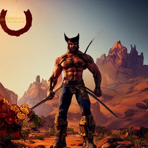 Image similar to professional physically based octane render of Wolverine in Borderlands 3, character concept art, epic composition, style of Borderlands, 8k comic art, intricately detailed