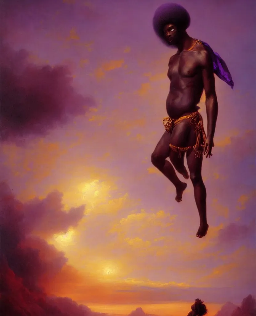 Image similar to stunning african god in a loincloth, posing against a royal purple backdrop by ivan aivazovsky, oil painting, beautiful soft lighting, saturated colours, artstation