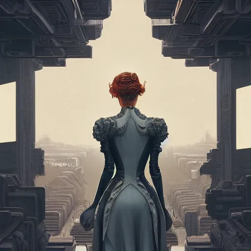 Prompt: portrait of a victorian lady in a futuristic city, from behind, streets, highly detailed, digital painting in the style of M C Escher and in the style of Peter Mohrbacher