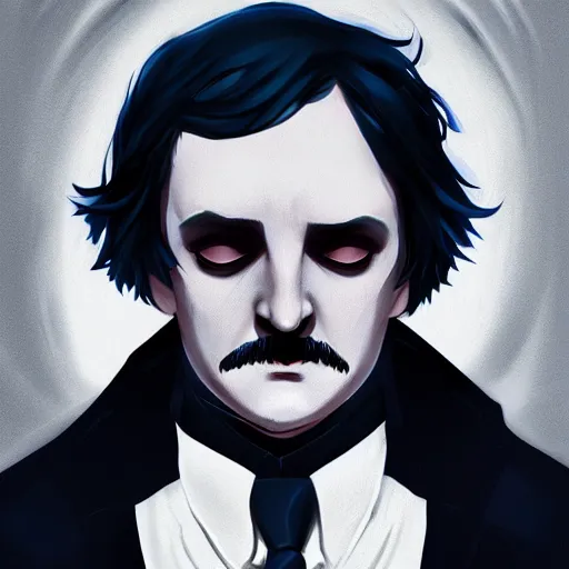 Prompt: Edgar Allan Poe as The Raven, a haunting being that is part man and part bird, his nose is a black beak, ambient lighting, 4k, anime key visual, lois van baarle, ilya kuvshinov, rossdraws, artstation