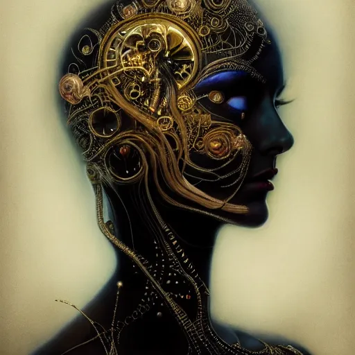 Prompt: extremely psychedelic beautiful cyborg queen of lsd infected by night. intricate, elegant, highly detailed, extremely lifelike photorealistic digital painting, artstation. steichen, gaston bussiere, tom bagshaw, cyberpunk alphonse mucha. elegant minimalism. anatomically correct. sultry. sharp focus. gold and black, white accents. melancholic. lifelike