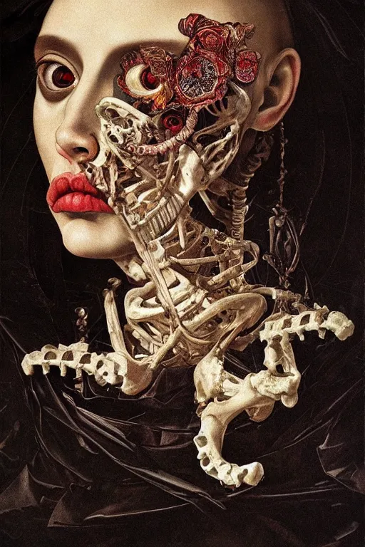 Image similar to Detailed maximalist portrait with large lips and with large, wide eyes, sad expression, extra bones, flesh, HD mixed media, 3D collage, highly detailed and intricate, surreal, illustration in the style of Caravaggio, dark art, baroque