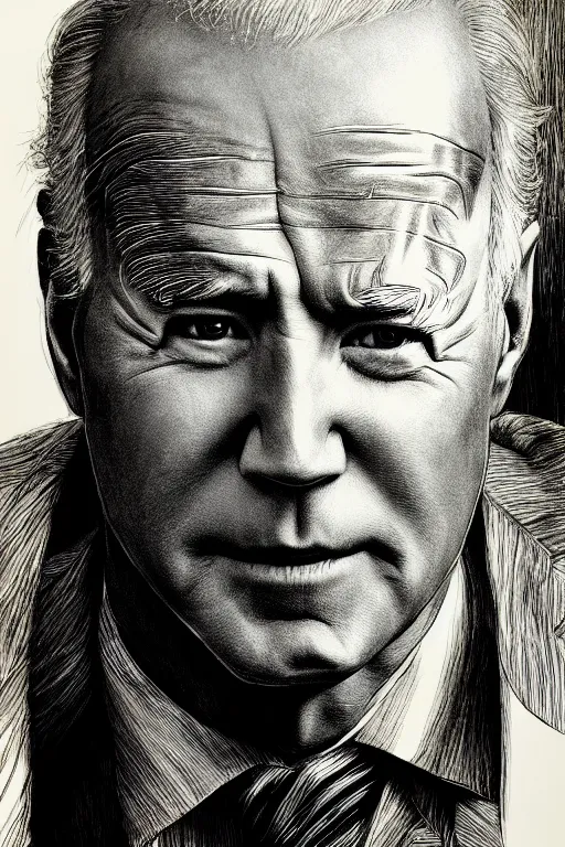 Prompt: Portrait of Joe Biden, pen and ink, intricate line drawings, by Yoshitaka Amano, Ruan Jia, Kentaro Miura, Artgerm