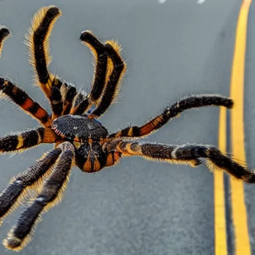 Prompt: real photo of a giant tarantula over the highway