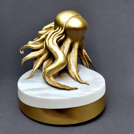 Image similar to cthulhu sculpture, white marble and gold