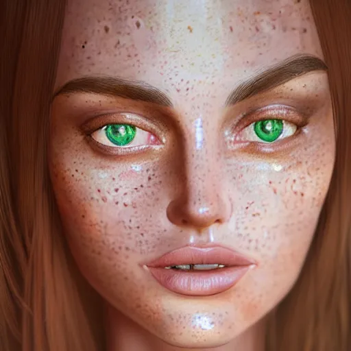 Image similar to intricate beautiful portrait of a cute thin young woman, light bronze brown hair, very detailed emerald green eyes, red blush, light freckles, soft smile, casual clothes, relaxing on the couch, home interior, golden hour, close up shot, 8 k, hyperreal art by irakli nadar, hyperrealism, hyperdetailed, ultra realistic