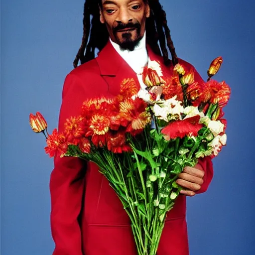 Prompt: Snoop Dogg holding a Vase of flowers for a 1990s sitcom tv show, Studio Photograph, portrait, C 12.0